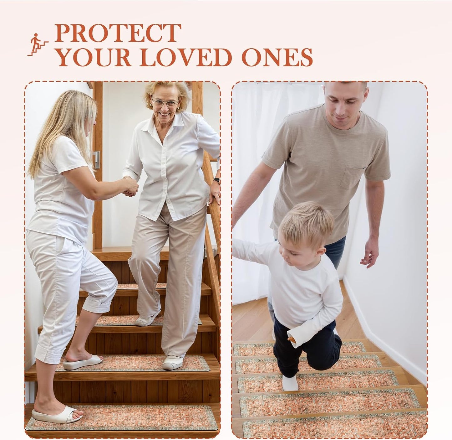 Tiveney Stair Treads Non Slip 15PCS 8"x30" Stair Runner, Rubber Backing Carpet Stair Treads for Wooden Steps, Washable Safety Carpet for Stairs Khaki Indoor Staircase Step Treads for Kids Elder Dogs
