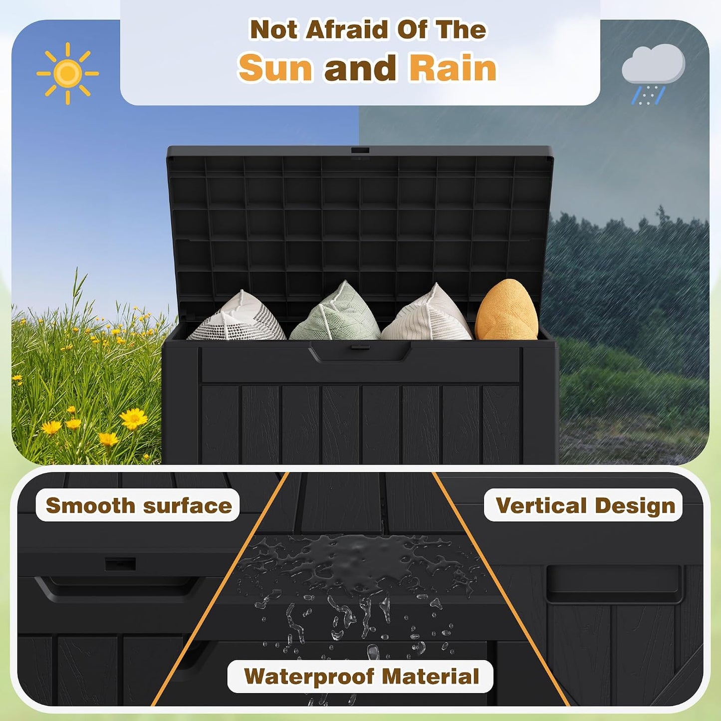 Flamaker Resin Deck Box 120 Gallon Waterproof Large Outdoor Indoor Storage Box Imitation Wood Resin for Patio Furniture Garden Tools and Pool (Black)