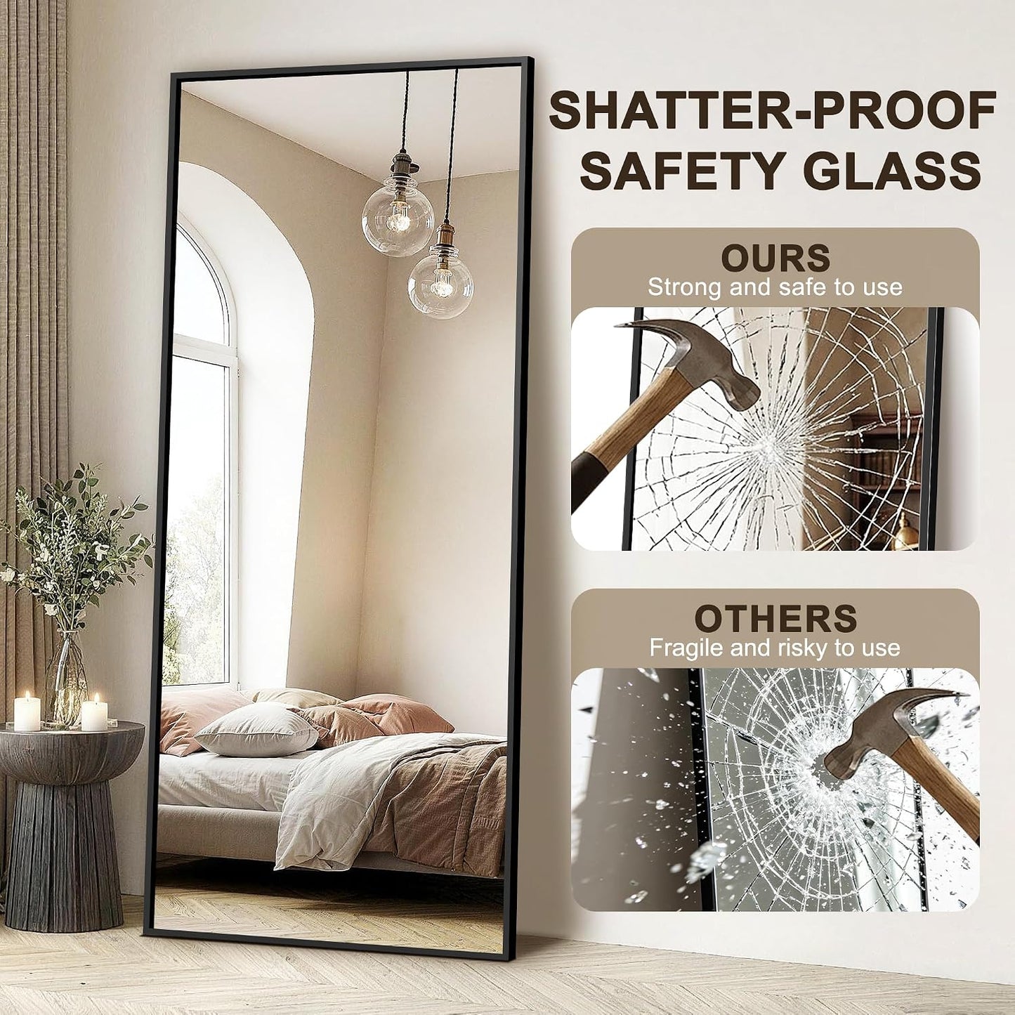 FICTOR Full Length Mirror with Stand, Floor Standing Mirror Full Body, HD Shatterproof Black Frame Wall Mirror for Bedroom, Living Room, Dressing Room & Entryway, 56"x15"
