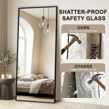 FICTOR Full Length Mirror with Stand, Floor Standing Mirror Full Body, HD Shatterproof Black Frame Wall Mirror for Bedroom, Living Room, Dressing Room & Entryway, 56"x15"