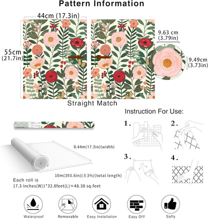 HAOKHOME Floral Peel and Stick Wallpaper Boho Vintage Wall Paper Removable for Bathroom Nursery Beige/Pink/Red Contact Paper 17.3in x 9.8ft