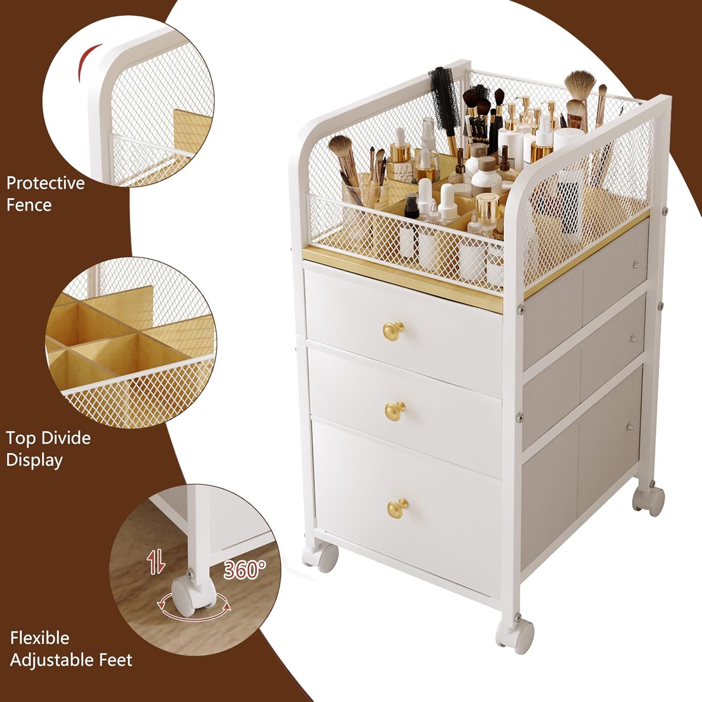 Rolling Makeup Organizer Cart with 3 Drawers, Under Desk Vanity Makeup Storage Cart, Bathroom Storage Cart Cosmetic Display Cases Cabinet for Nail Polish, Brushes & Hair Tools, Gold