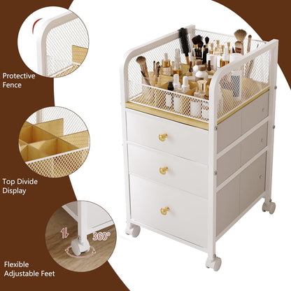 Rolling Makeup Organizer Cart with 3 Drawers, Under Desk Vanity Makeup Storage Cart, Bathroom Storage Cart Cosmetic Display Cases Cabinet for Nail Polish, Brushes & Hair Tools, Gold