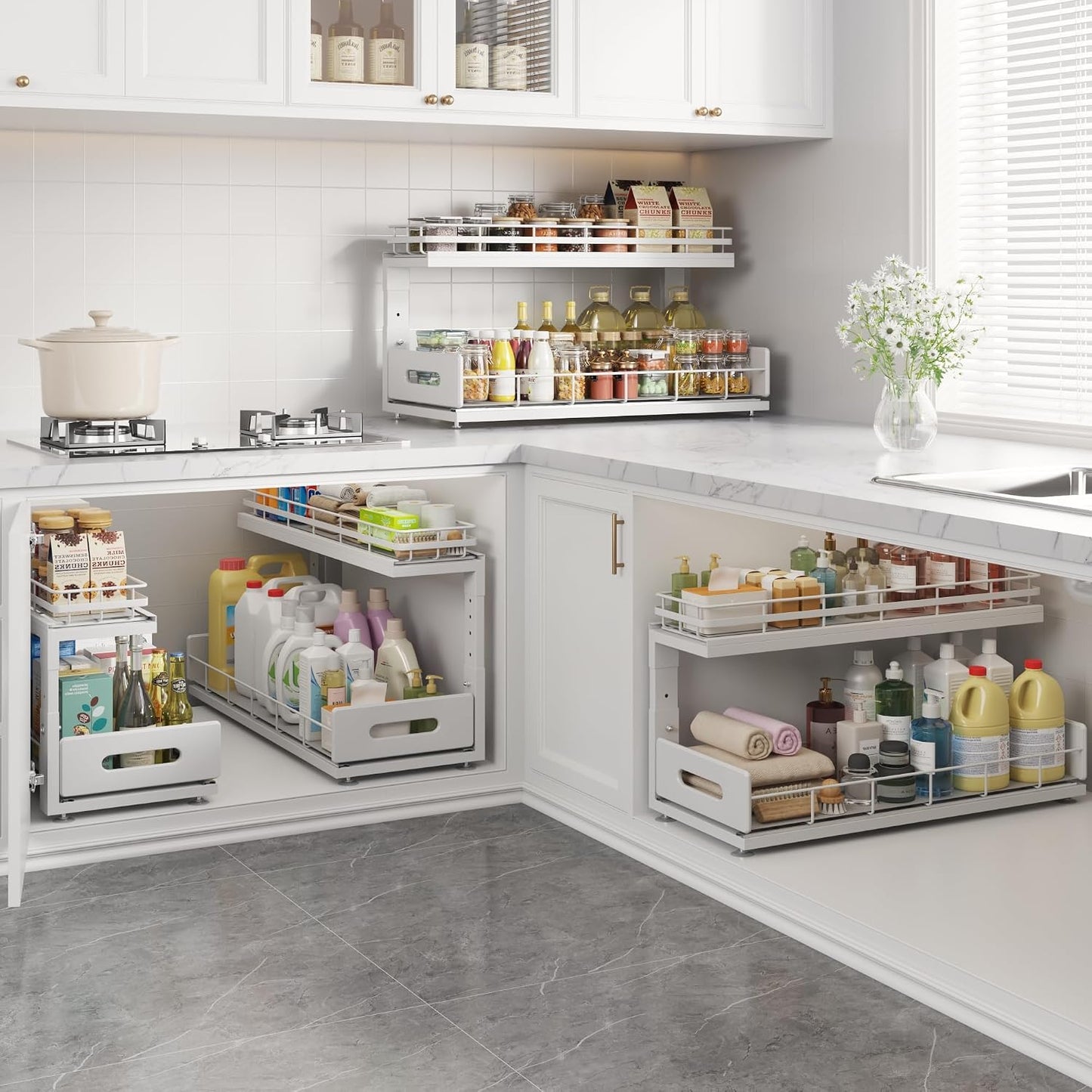 Under Sink Organizer Upgrade To Professional Rails,2-Tier Dual Pull Out Cabinet Storage,Height Adjustable Slide Out Drawers For Bathroom Kitchen,2 Pack-14.5" Dx12.8-16.9" H,White