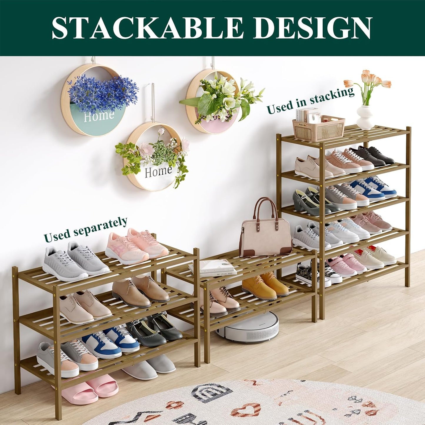 Smiry Bamboo Shoe Rack, 3 Tier Free Standing Wooden Shoe Organizer, Stackable Wood Shoe Storage Shelf for Closet, Entryway, 5 Horizontal Slats, 26.8"x11"x18.3", Natural