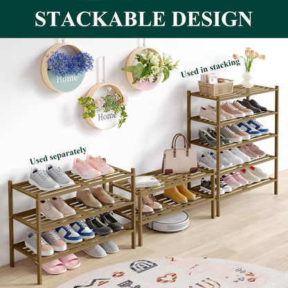 Smiry Bamboo Shoe Rack, 3 Tier Free Standing Wooden Shoe Organizer, Stackable Wood Shoe Storage Shelf for Closet, Entryway, 5 Horizontal Slats, 26.8"x11"x18.3", Natural