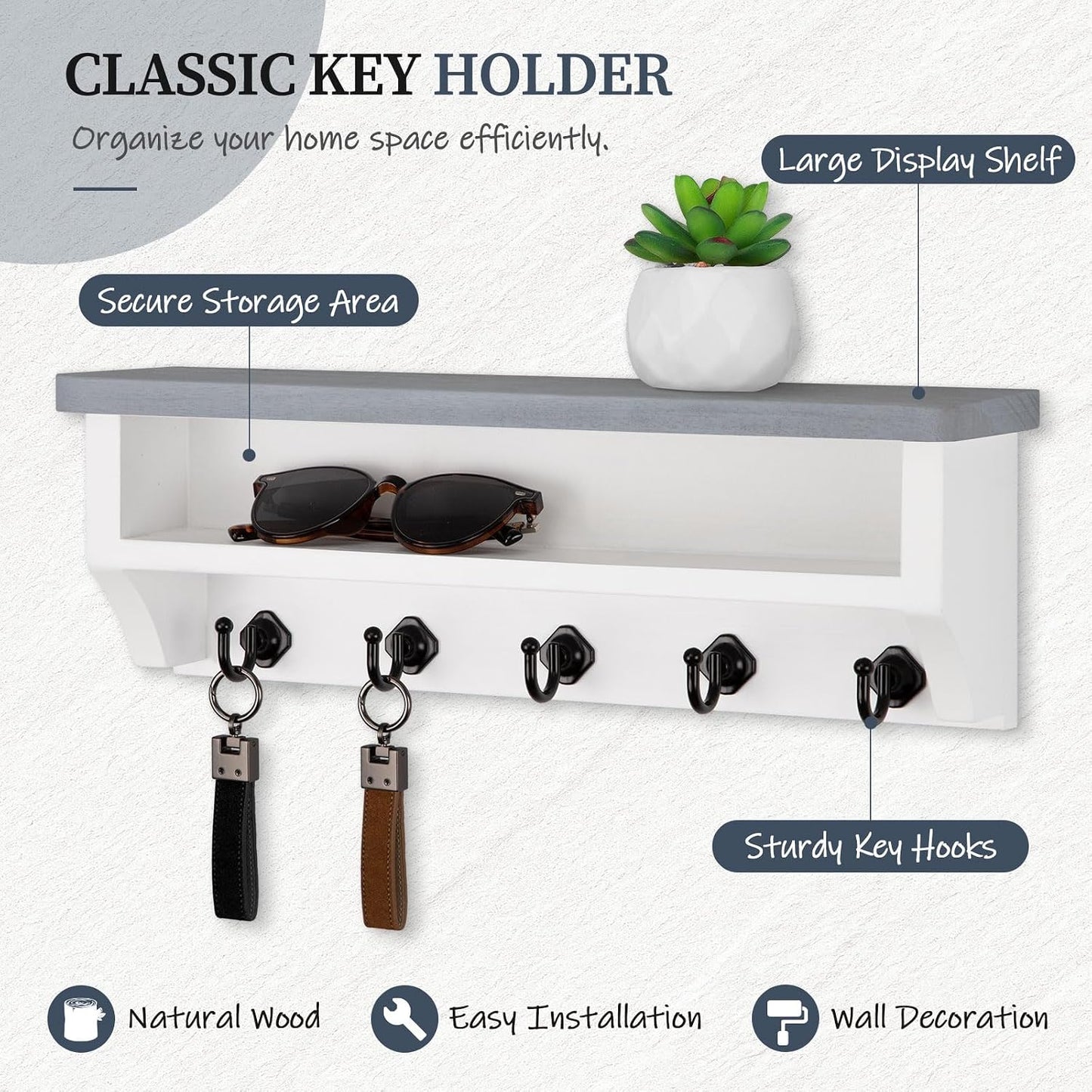 Nekon Key Holder Wall Mount, Wall Organizer Shelf with 5 Key Hooks, Room Decor for Home and Apartment Essentials, White