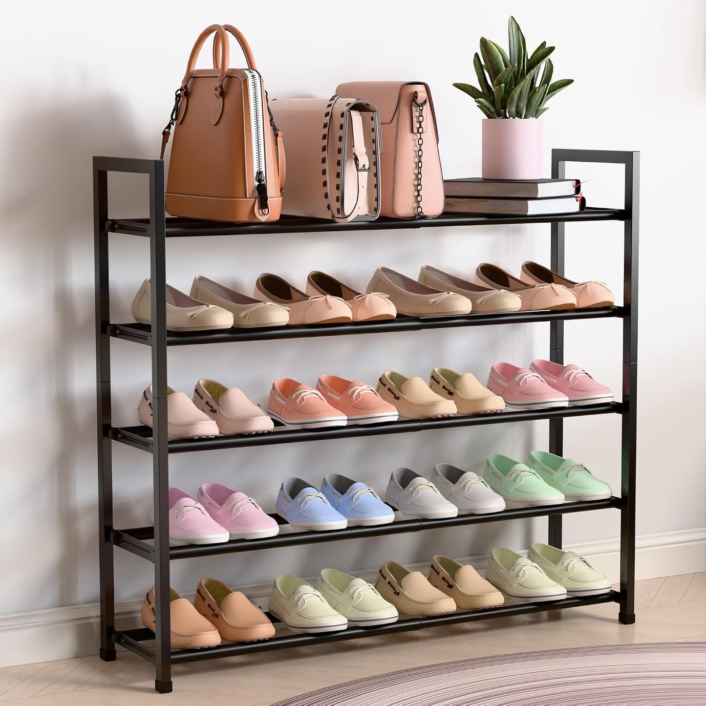 Bumusty 3-Tier Expandable Shoe Rack for Closet, 18“-33” Adjustable Shoe Rack for Small Space, Small Shoe Organizer for Front Door, Sturdy Metal, Black