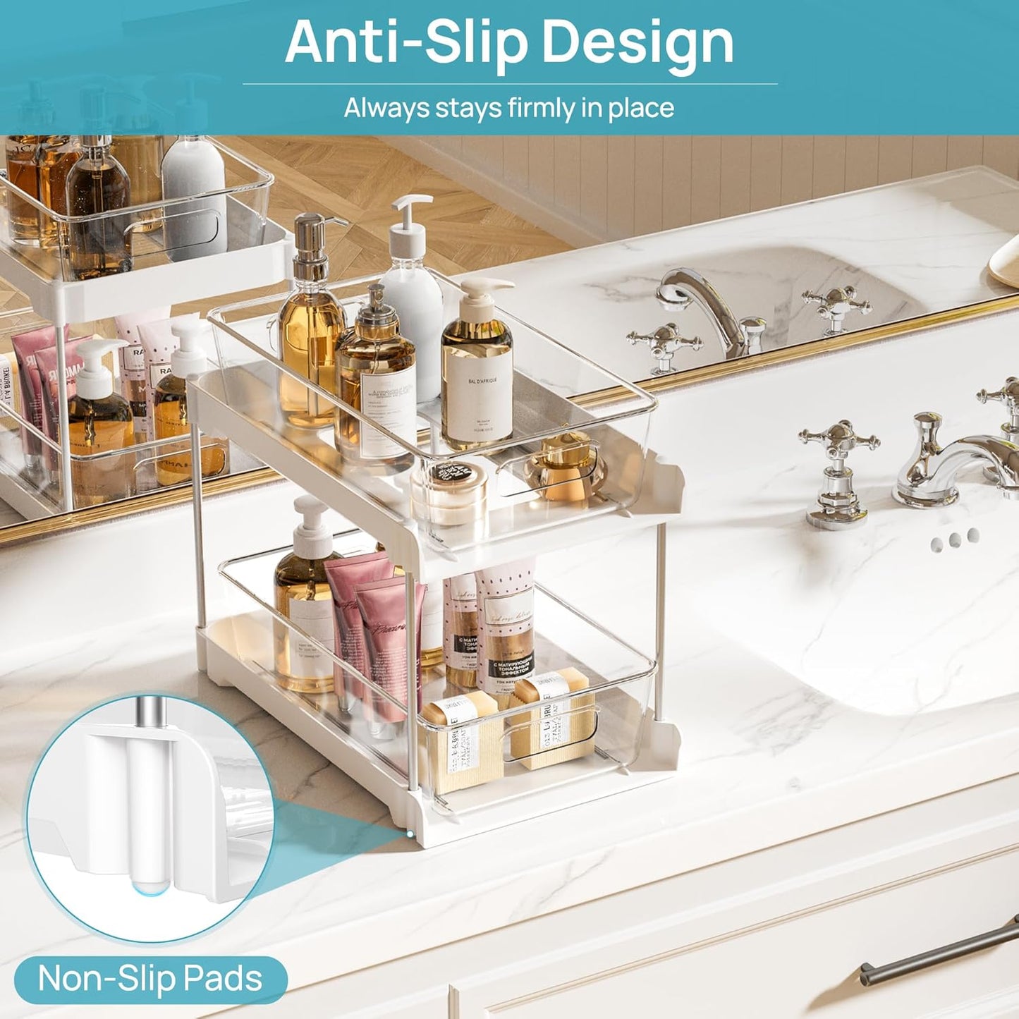 Vtopmart 2 Tier Bathroom Storage Organizer, 2 Pack Clear Under Sink Organizers Vanity Counter Container, Cabinet Drawers Bins, Pull-Out Organization with Track for Pantry, Kitchen
