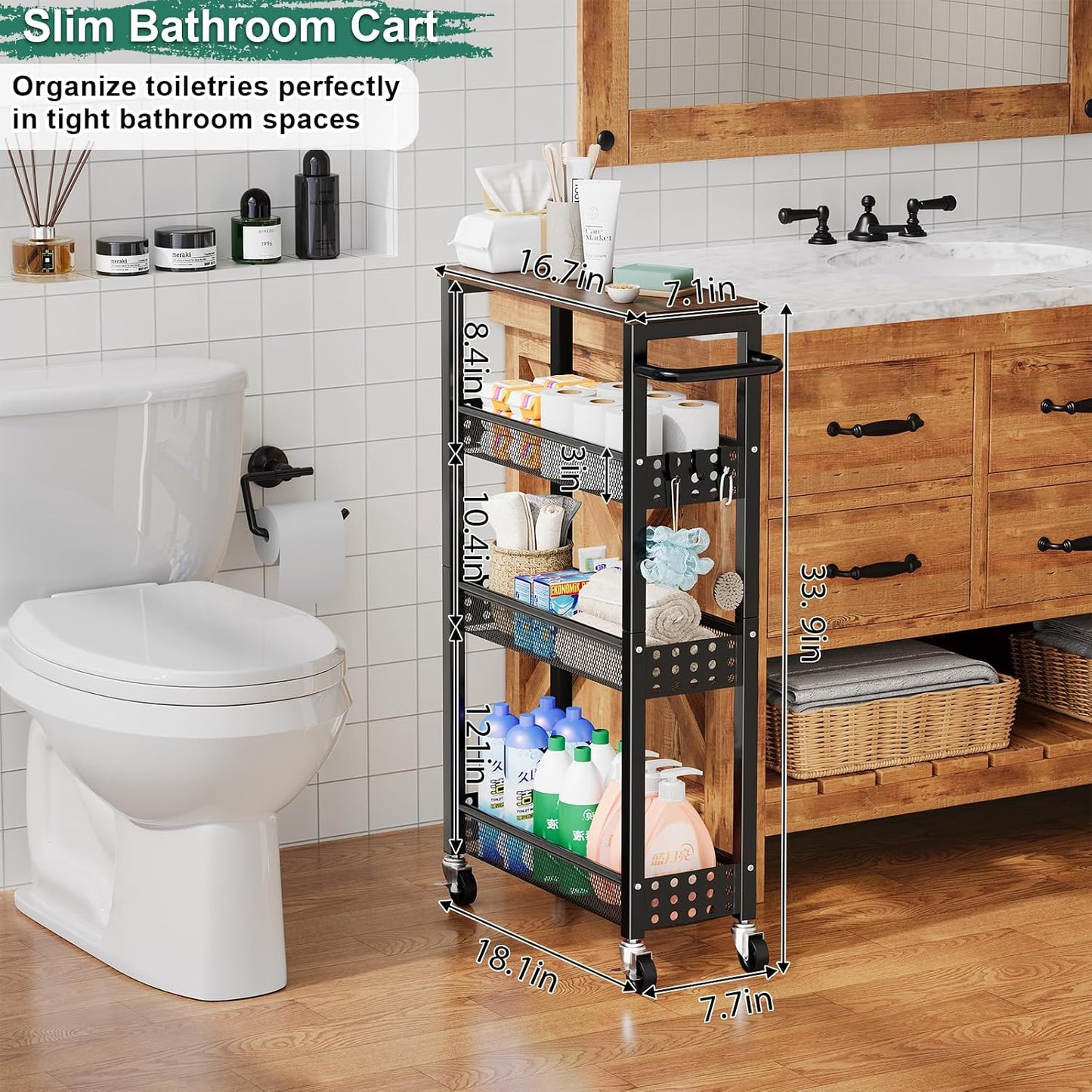 Utility Slim Storage Cart, 4-Tier Narrow Bathroom Organizers and Storage Cart, Narrow Metal Kitchen Laundry Room Organization Shelf with Wood Top, Slim Rolling Carts with Wheels for Small Space