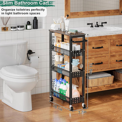 Utility Slim Storage Cart, 4-Tier Narrow Bathroom Organizers and Storage Cart, Narrow Metal Kitchen Laundry Room Organization Shelf with Wood Top, Slim Rolling Carts with Wheels for Small Space