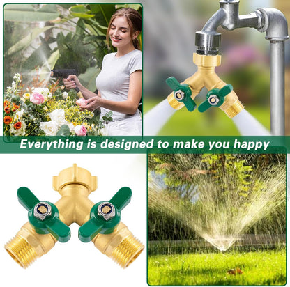 Heavy Duty Garden Hose Splitter 2 Way, Brass Full Flow Y Hose Splitter with Thickened Easy-Turn Handle, 3/4" GHT Outdoor Faucet Connector with Shut-Off Valves