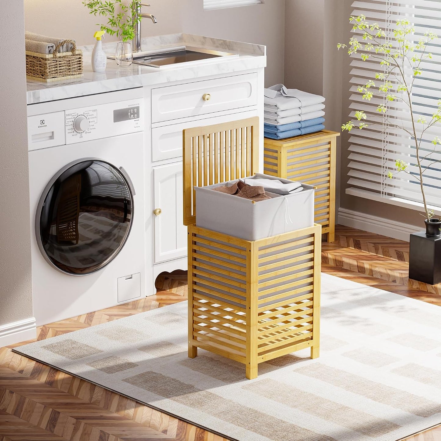 SMIBUY Double Laundry Hamper with Lid, 120L Bamboo Laundry Basket with Removable Liner Bag, 2-Section Clothes Divider Laundry Sorter for Laundry Room, Bathroom, Bedroom (Walnut)