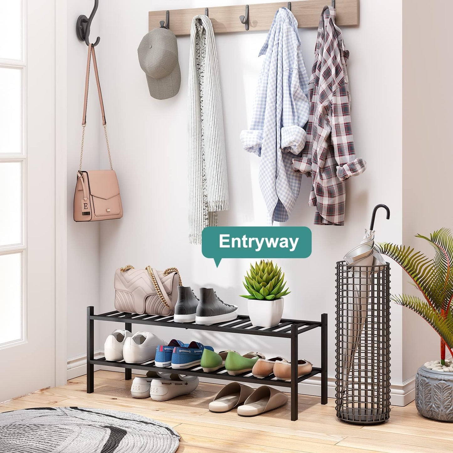 viewcare 3-Tier Black Bamboo Shoe Rack for Entryway, Stackable | Foldable | Natural, Shoe Shelf Storage Organizer for Hallway Closet, Free Standing Shoe Racks for Indoor Outdoor