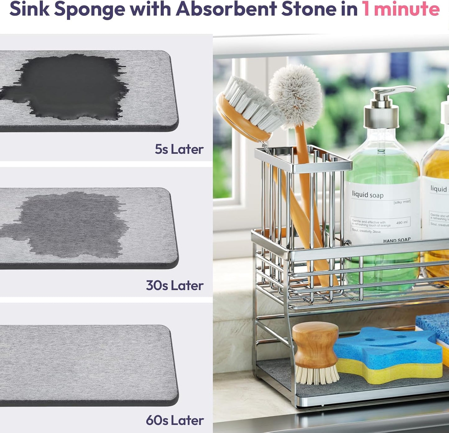 SWTYMIKI Sponge Holder for Kitchen Sink - Sink Caddy with Brush Holder and Stainless Steel Self Drain Tray, Sponge Caddy Organizer with Divider Kitchen Accessories Storage for Countertop, Black