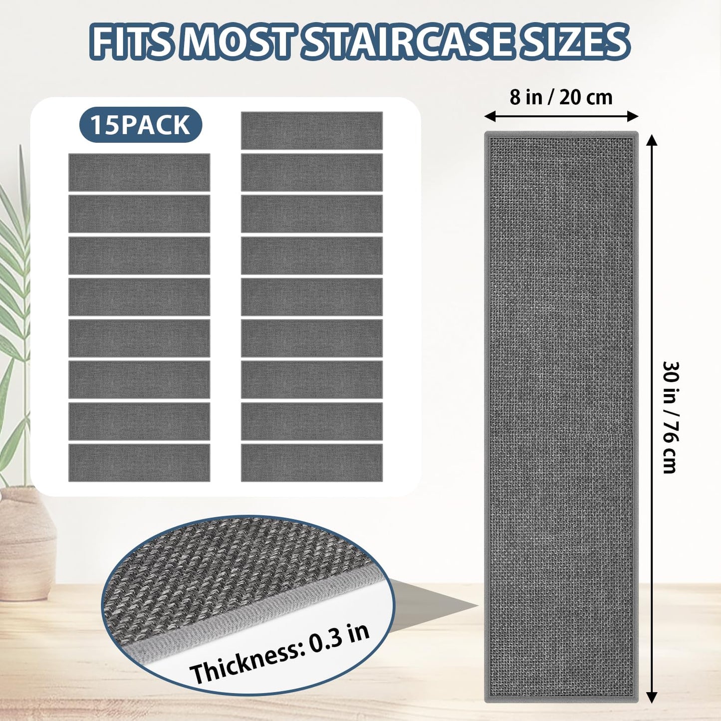Peel and Stick Carpet Stair Treads for Wooden Steps Set of 15, Non Slip Adhesive Jute Stair Mats Indoor, Rubber Backing Safety Step Pads Mats, Grey, 8"x30"