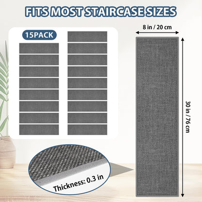 Peel and Stick Carpet Stair Treads for Wooden Steps Set of 15, Non Slip Adhesive Jute Stair Mats Indoor, Rubber Backing Safety Step Pads Mats, Grey, 8"x30"
