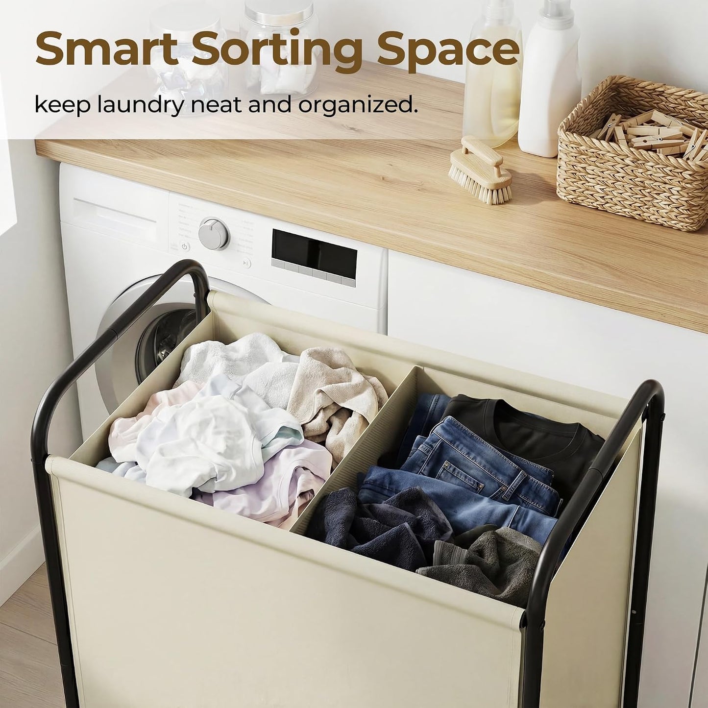 GRANNY SAYS 2 Section 130L Laundry Sorter, Large Laundry Hamper Basket with Wheels and Handles, Durable and Sturdy Rolling Cart for Laundry Room, Hotel, Bedroom, Beige