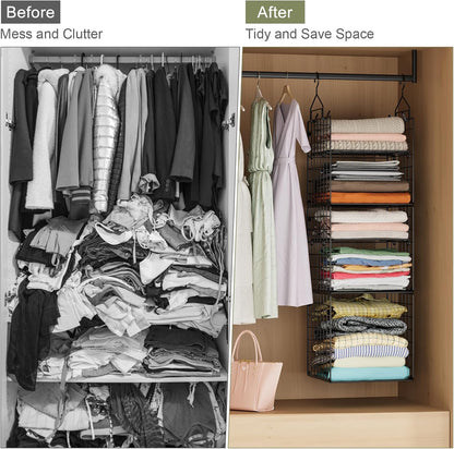 X-cosrack Closet Hanging Organizer Shelves - 5 Tier Wardrobe Organizers and Storage Bin, Hanging Organizer Shelves, Clothes Shelf with Adjustable Dividers for Bedroom Closet Sweater Shoes Handbag