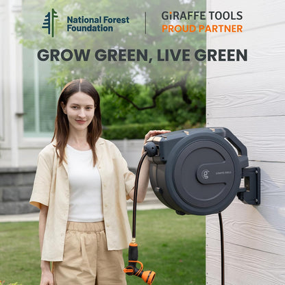 Giraffe Tools Retractable Garden Hose Reel 1/2 Inch x 100 ft, Super Heavy Duty, Any Length Lock, Slow Return System, Wall Mounted and 180 Deg Swivel Metal Bracket