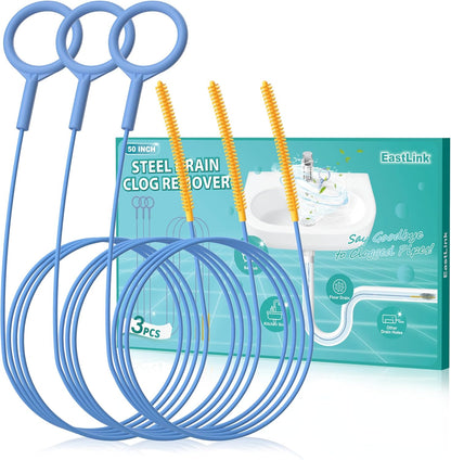 EastLink 50 Inch Extra-Long Drain Snake 3 Pack, Reusable Sink Snake with Easy-Rinse Barbed Tip, Anti-Break Flexible Steel Drain Clog Remover with Nylon Layer, Ideal for Bathroom, Shower and Bathtub