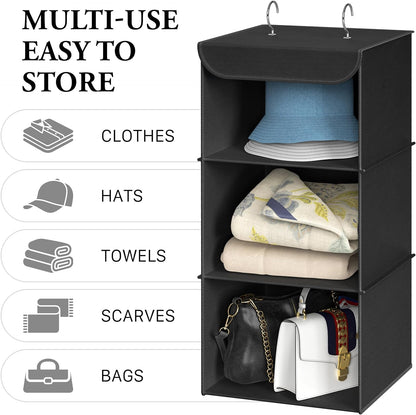 Simple Houseware 3-Shelf Hanging Closet Organizer, Fabric Storage Shelves with 57L Capacity, Black