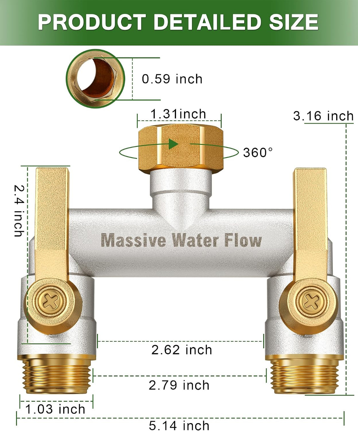 Hose Splitter 2 Way Heavy Duty, Solid Brass Full Flow Outdoor Faucet and Garden Hose Splitters, Water Spigot Splitter T Adapter, All Metal Water Connector with Shut-Off Valve, 3/4 - Inch GHT Thread