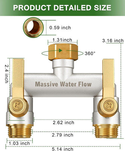 Hose Splitter 2 Way Heavy Duty, Solid Brass Full Flow Outdoor Faucet and Garden Hose Splitters, Water Spigot Splitter T Adapter, All Metal Water Connector with Shut-Off Valve, 3/4 - Inch GHT Thread