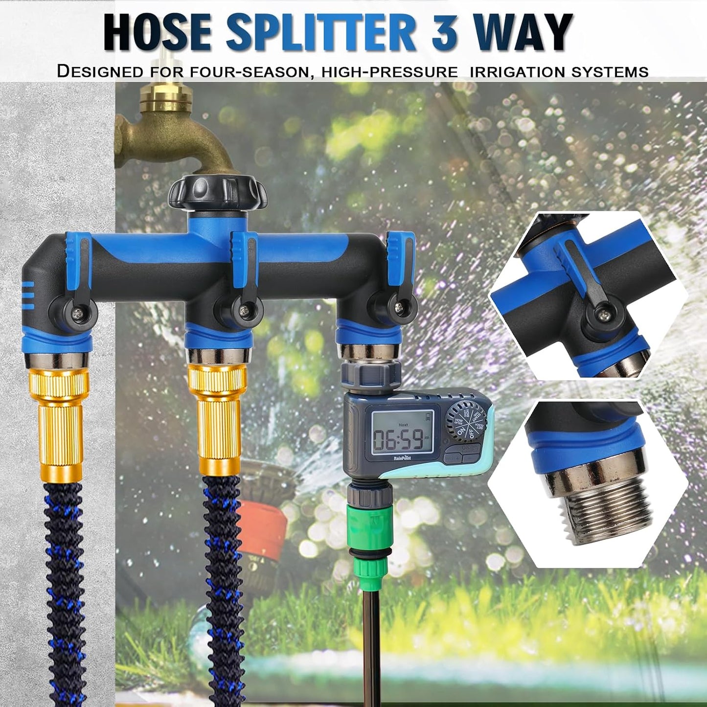 ATAOSGRGarden Hose Splitter 3 Way, 3/4" Outdoor Faucet Splitter, Tap Connector with On/Off Valves and Extended Handle, Tap Adapter Garden Hose Connector for Garden Outdoor Home - Greens