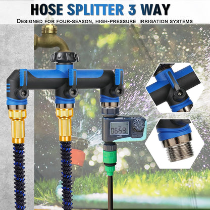 ATAOSGRGarden Hose Splitter 3 Way, 3/4" Outdoor Faucet Splitter, Tap Connector with On/Off Valves and Extended Handle, Tap Adapter Garden Hose Connector for Garden Outdoor Home - Greens