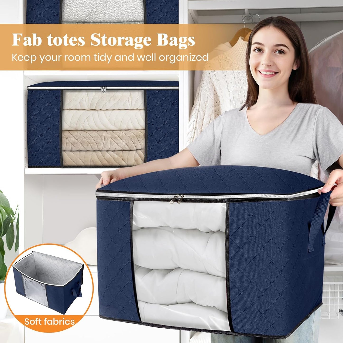 Fab totes 6 Pack Storage Bags for Clothes and Blanket, Foldable Closet Organizers and Storage with Zippers, Clear Window and Handles, Fabric Storage Bins for Sweater, Comforter, Bedding,Linen Sheets