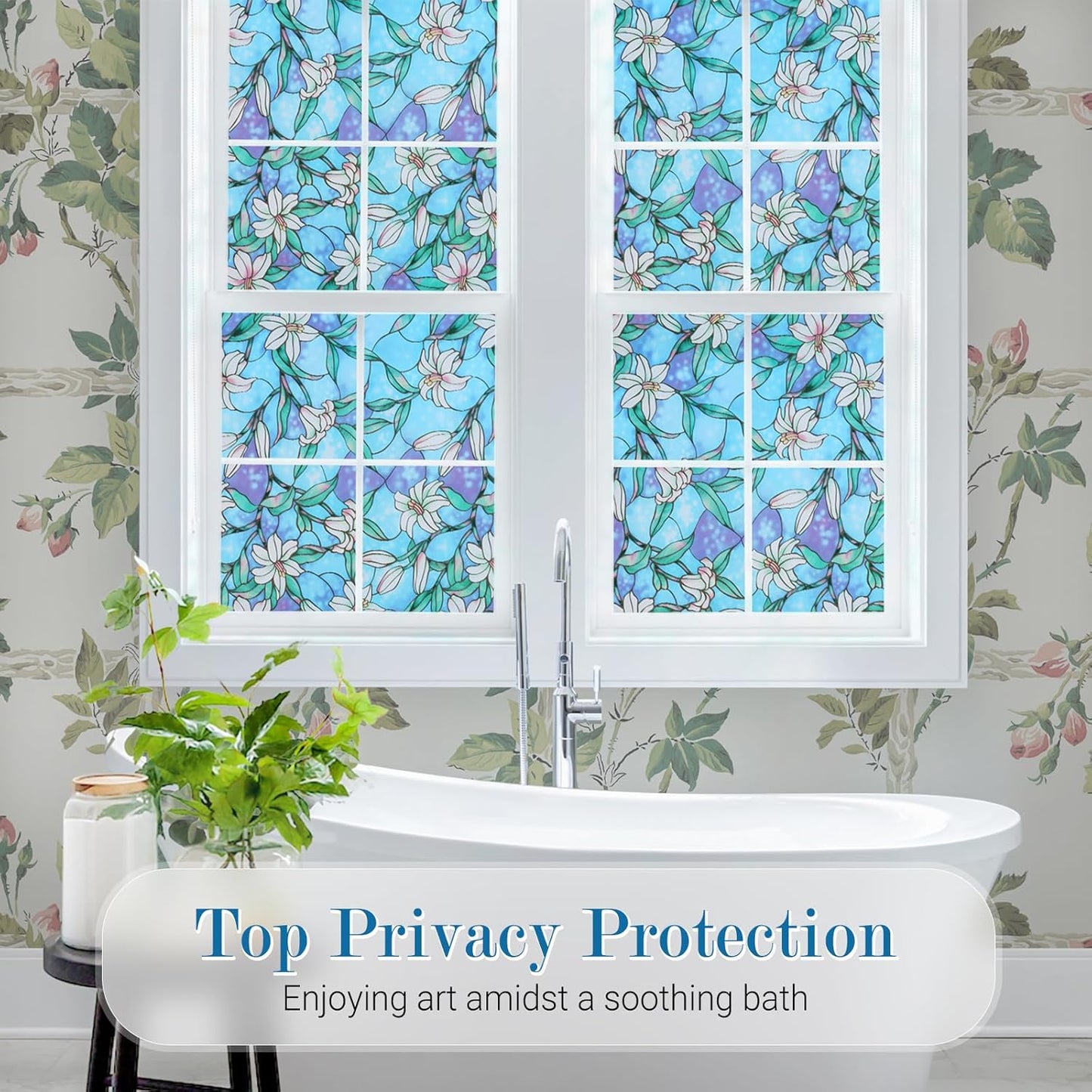 rabbitgoo Window Privacy Film, Decorative Stained Glass Window Film, Sun Blocking Glass Clings, Renter-Friendly Static Cling Frosted Sticker Covering for Home Door, Rainbow Tulip 17.5" X 78.7"