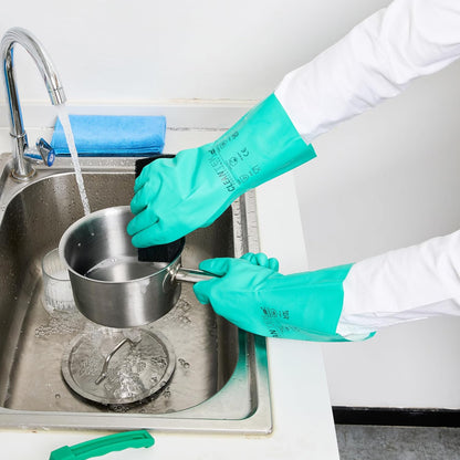 Restaurantware-Clean Tek Professional 15 Mil XXL Cleaning Gloves, 1 Pair Of Long Cuff Gloves - Flock Lining, No-Powder, Green Nitrile Chemical Tolerant Gloves, No-Latex, Heavy-Duty Tasks