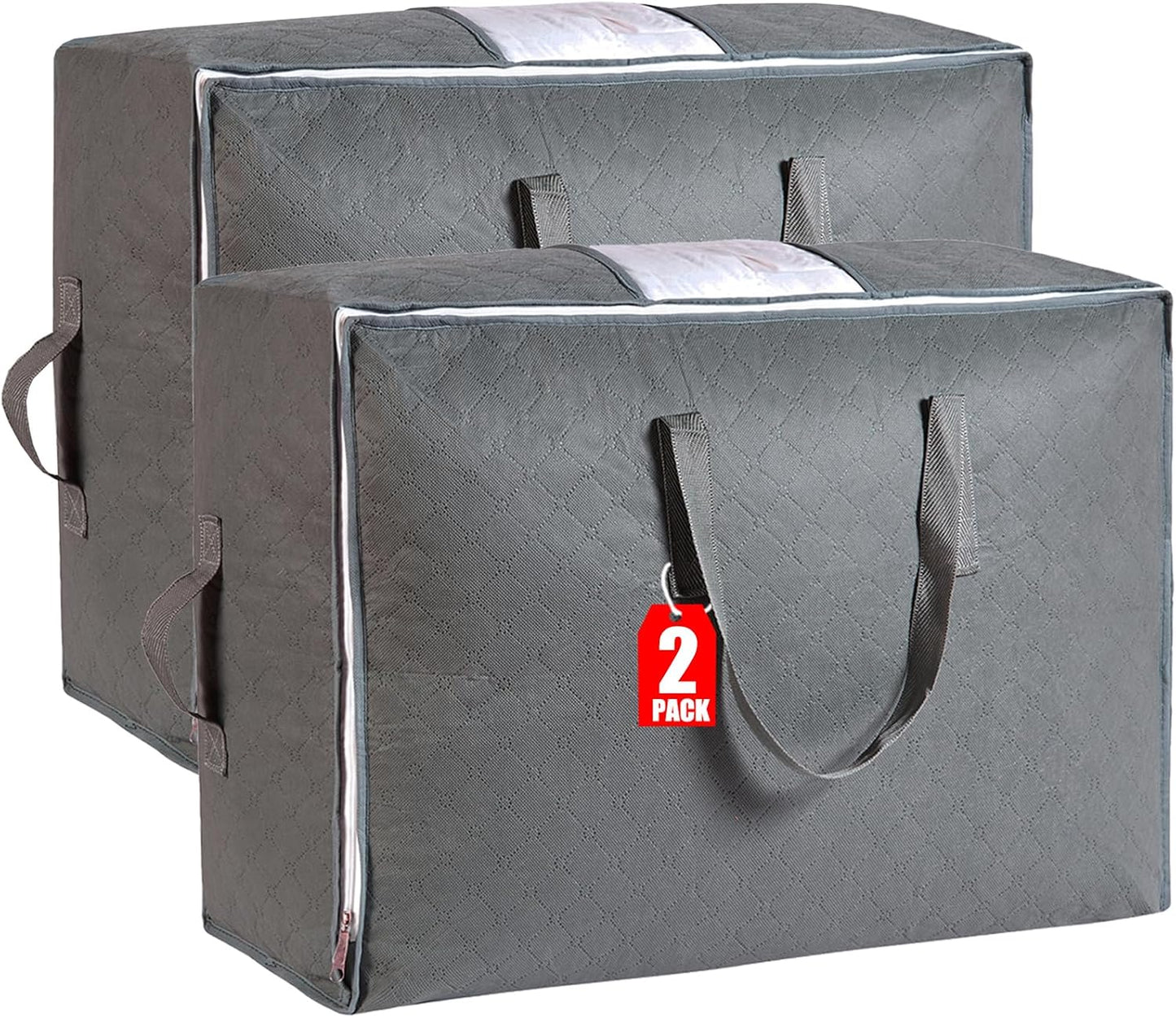 105L Extra Large Storage Bags for Blankets, King Comforters, Bedding, Clothes, Pillows, Sheets - Closet Organizers and Storage with 4 Handles & Clear Window, Foldable & Breathable (Grey, 3pack)