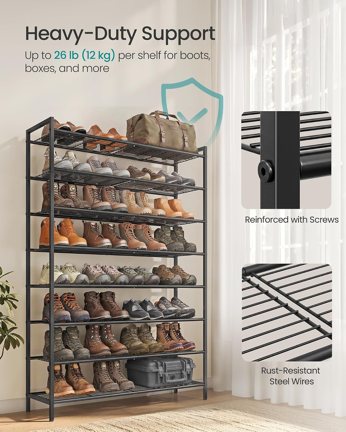 SONGMICS Metal Shoe Rack, Free Standing Shoe Organizer for Entryway Closet Garage Small Spaces, Heavy-Duty Slim Steel Storage Shelf, 8-Tier, Fits 16-24 Pairs, Bronze ULMR028A01