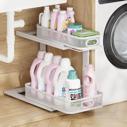 2-Pack Under Sink Storage Organizer with 2-Tier Slide Out Drawer, Sophisticated Mesh Pull Out Shelf for Kitchen & Bathroom, Fits Small Items, Upgraded Arched Track for Smooth Gliding(Patented)