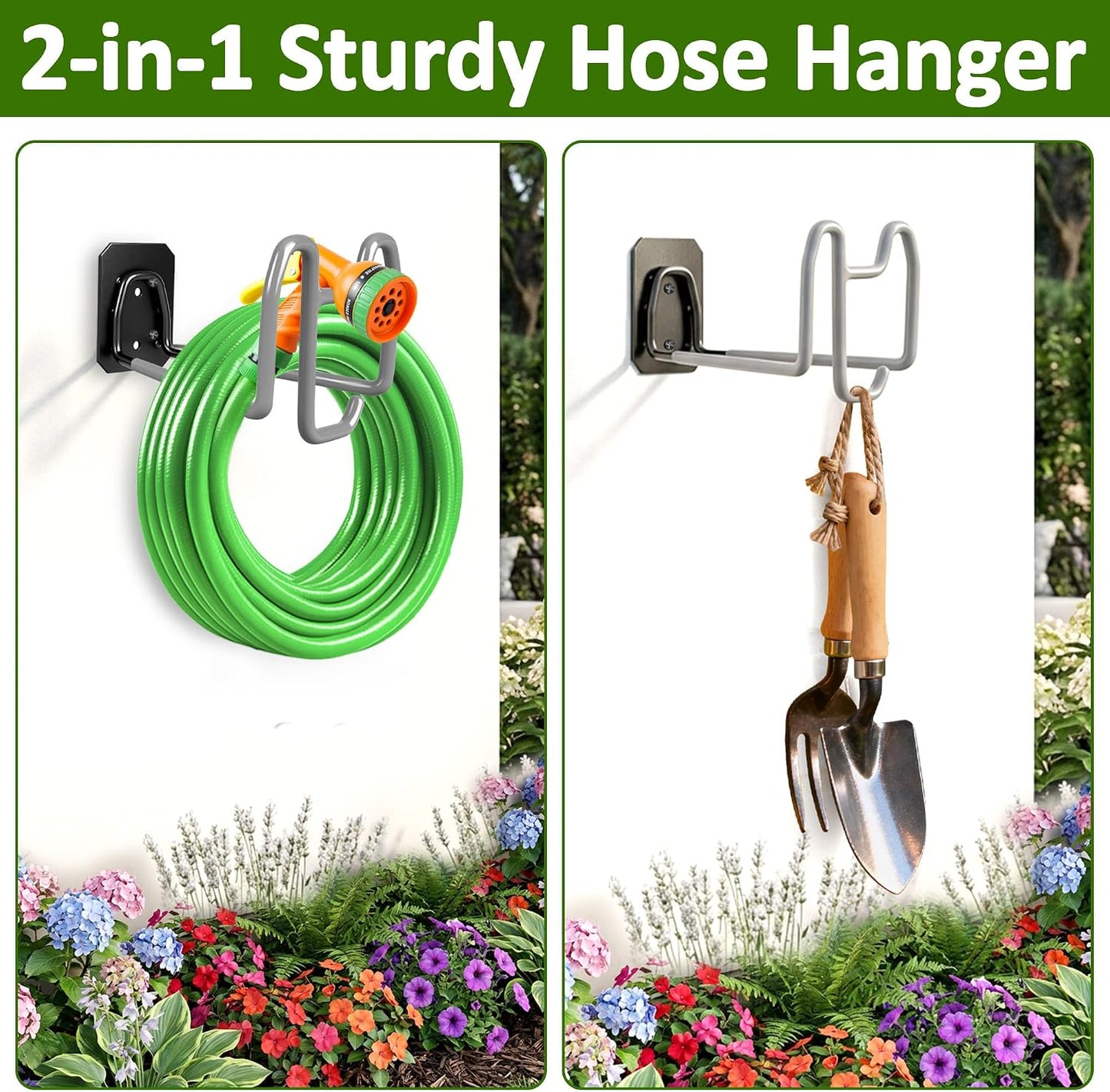 Garden Hose Holder Wall Mount Water Hose Holders for Outside | Metal Hose Hanger with Hook Heavy Duty Garden Hose Reel for Outside Yard Lawn Storage
