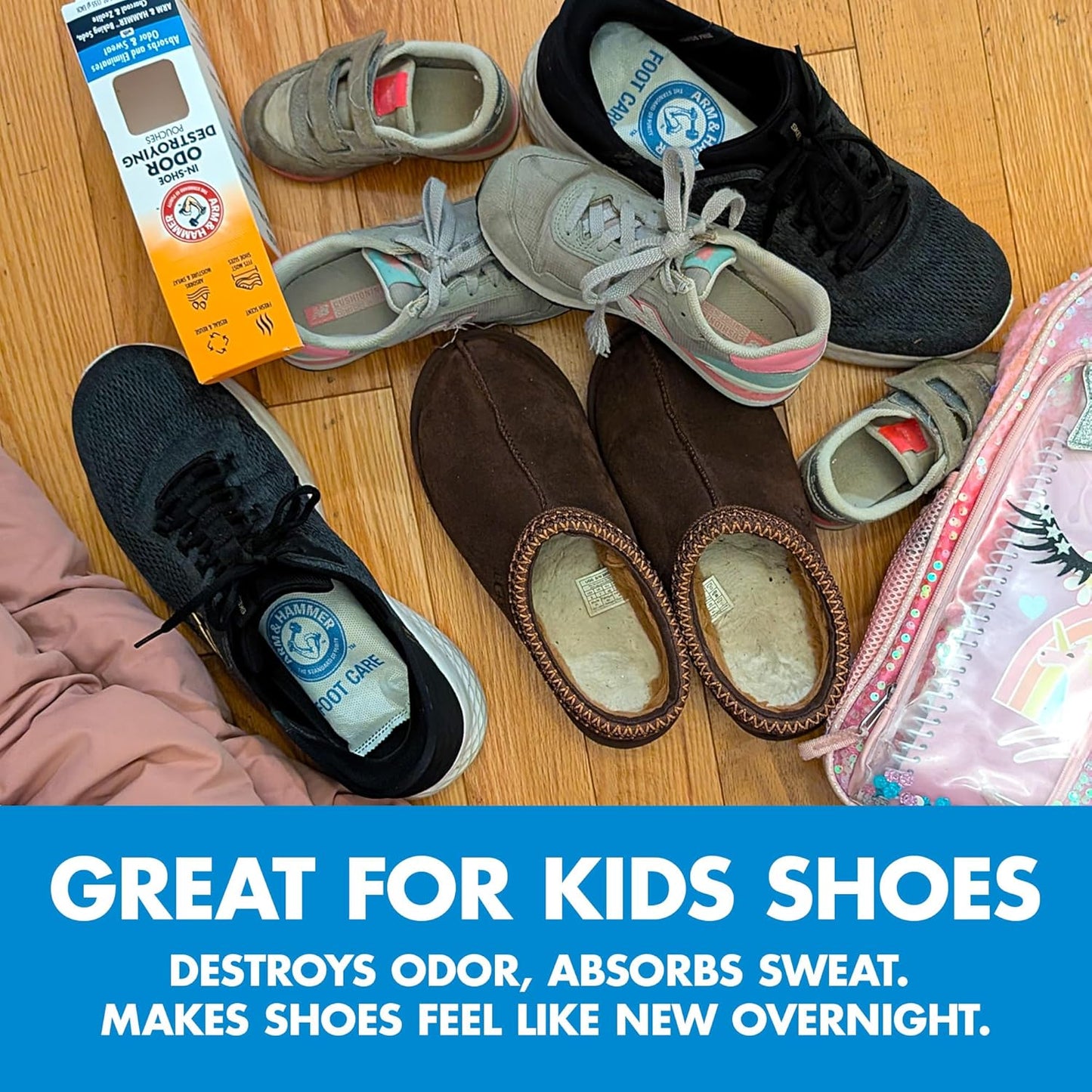 Arm & Hammer In-Shoe Odor Destroying Pouches, Shoe Deodorizer Insert for Reducing Odor and Absorbing Moisture, Smell Eliminator for All Footwear, Gym Bags and Work Boots (4 Pouches)