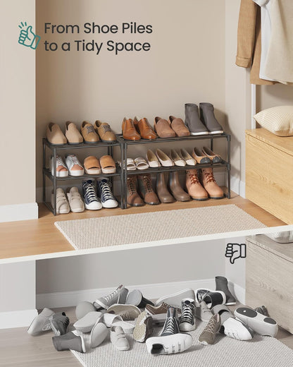 SONGMICS Shoe Rack, 6-Tier Shoe Organizer, Metal Storage Shelf, Upright or Upside Down, for 24-30 Pairs, Stackable, for Entryway, 11.8 x 36.2 x 42.7 Inches, Black ULSA306BH01