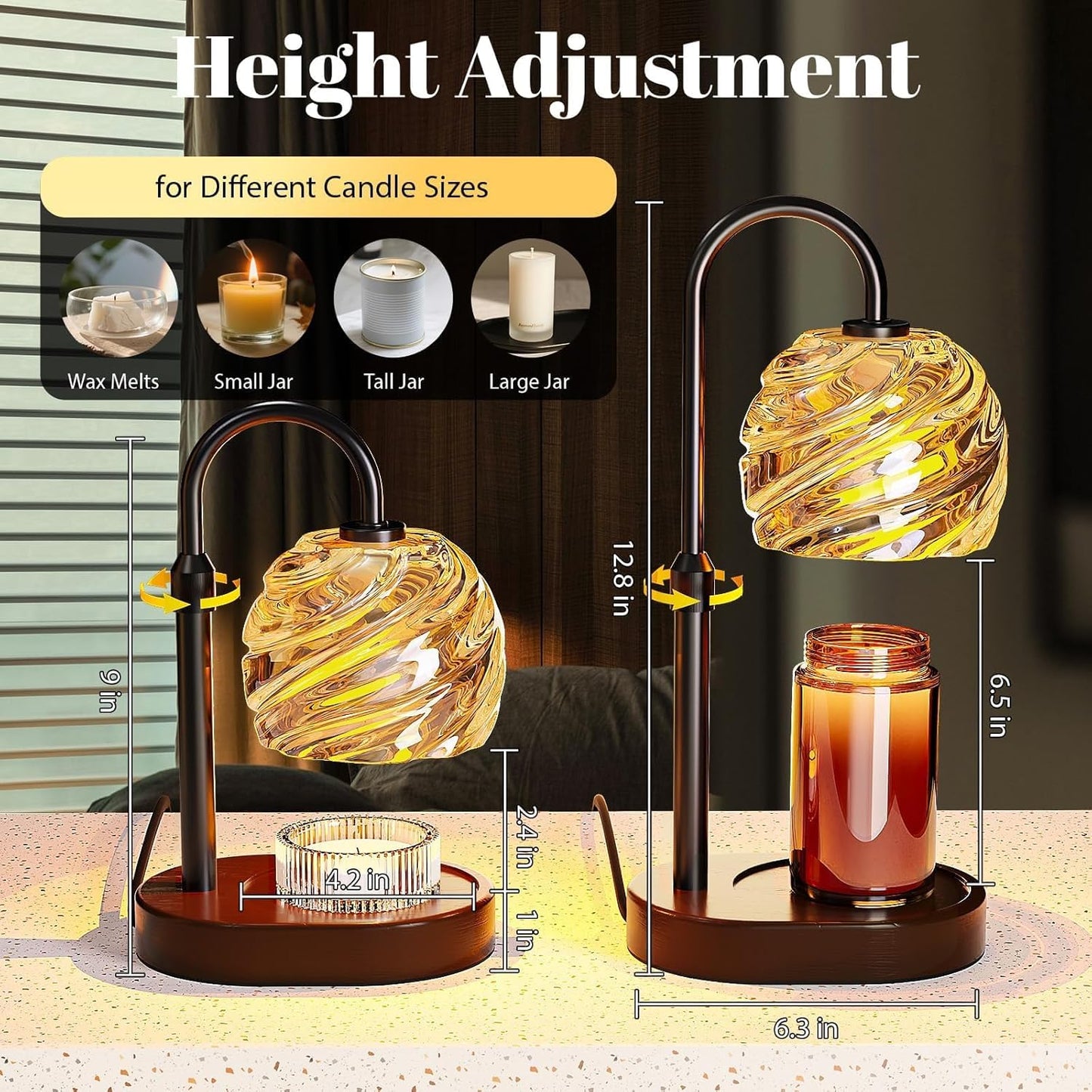 Candle Warmer Lamp with Timer Dimmer, Electric Candle Warmer with Adjustable Height for New Home Decor, Birthday Gifts for Women Men Mom, Wax Melter for All Jar Sizes, 2Bulbs,Black