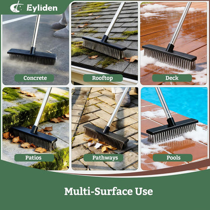 Eyliden Push Broom, 11.5-inch, Heavy Duty Moss Wire Scrub Brush | Stainless Steel Bristles, 65" Long Handle, for Deck, Floor, Concrete, Roof, Patio, Pool, Outdoor Cleaning