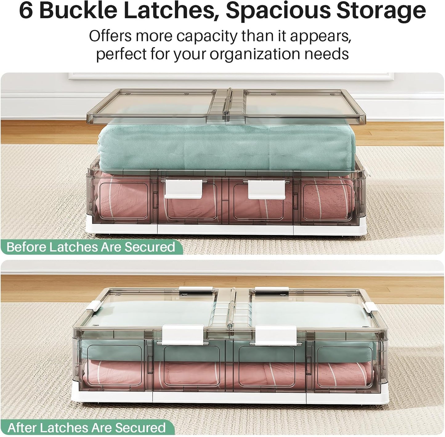 Kitstorack Clear Plastic Under Bed Storage Containers Bins with Lids and 8 Pre-installed Wheels,37.8 Qt, Rolling Foldable Flat Under Bed Organizer Boxes for Clothes Shoes Clothing Bedroom