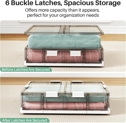 Kitstorack Clear Plastic Under Bed Storage Containers Bins with Lids and 8 Pre-installed Wheels,37.8 Qt, Rolling Foldable Flat Under Bed Organizer Boxes for Clothes Shoes Clothing Bedroom