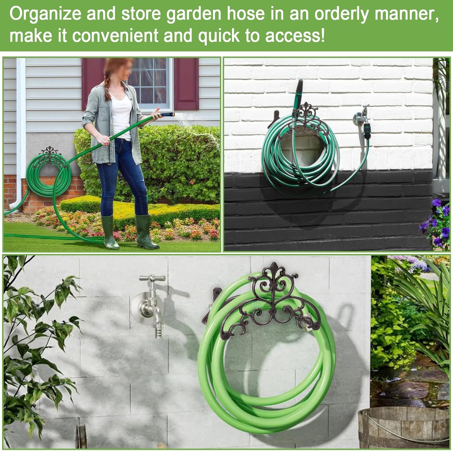 OwnMy Cast Iron Garden Hose Holder Heavy Duty Wall Mount Water Hose Reels Holder, Decorative Water Hose Hanger Garden Hose Storage Organizer Rack for Outdoor Lawn Yard, 10"L x 4.7"W x 6.5"H