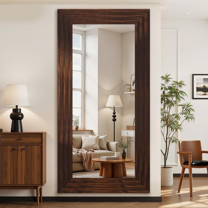 Antok Full Length Mirror with Solid Wood Frame, 71"×32" Wall Mounted Oversized Floor Mirror with Stand, Leaning Standing Hanging for Bedroom Living Room Entryway, Walnut, Arched Syle