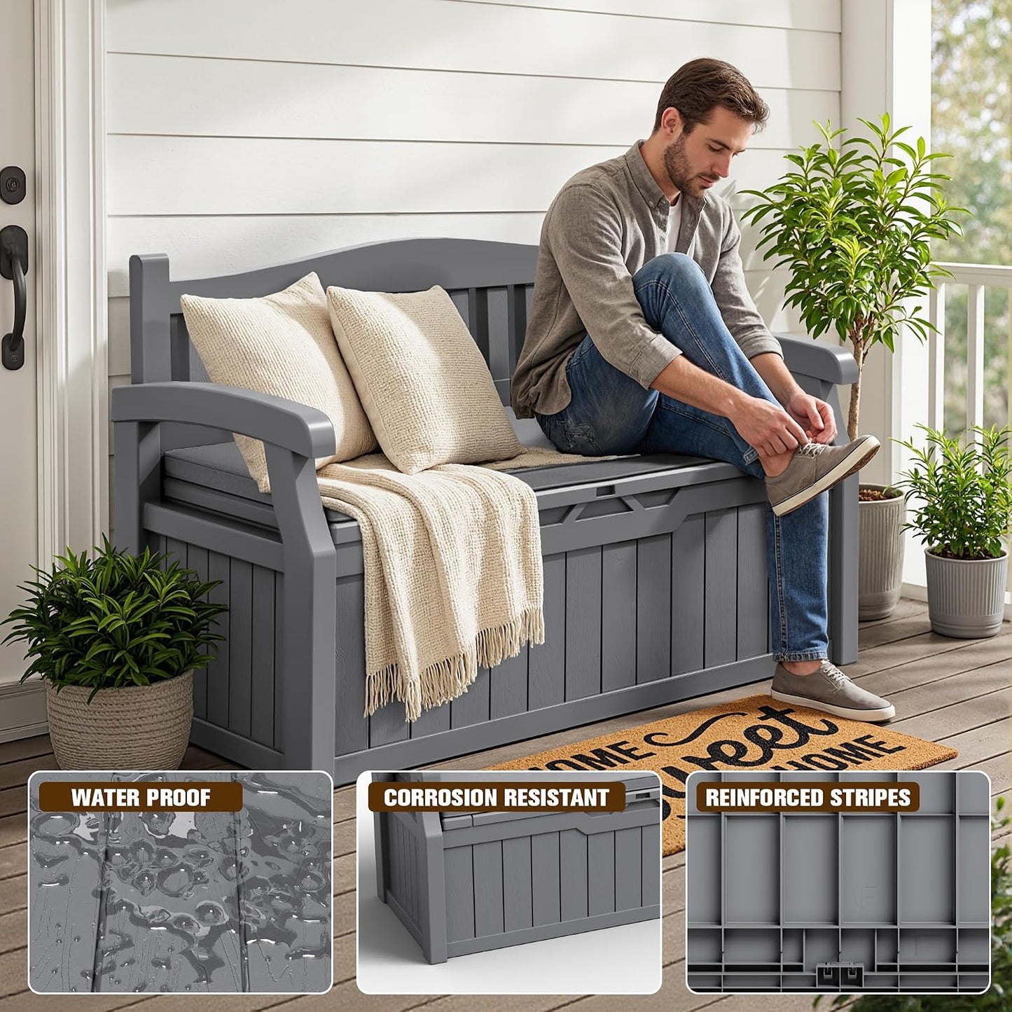 JUMMICO 80 Gallon Resin Outdoor Storage Bench, Large Deck Box with Armrest, Lockable&Waterproof for Garden, Home, Patio, Pools (Black, 80 Gallon)