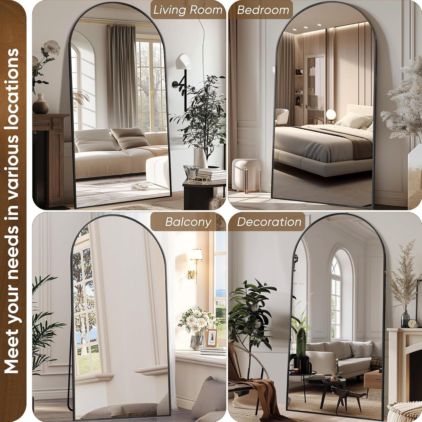 Antok 58" x19” Arched Full Length Floor Mirror, Gold Aluminum Frame, Free Standing/Wall Mount/Leaning for Bedroom, Living Room, Dressing Room