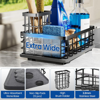 Extra Large Kitchen Sink Caddy Organizer, Stainless Steel Sponge Holder for Kitchen Sink with Brush Holder, Diatomite Stone Sink Tray for Soap Dispenser, Sponge, Kitchen Essentials and Gadgets, Black
