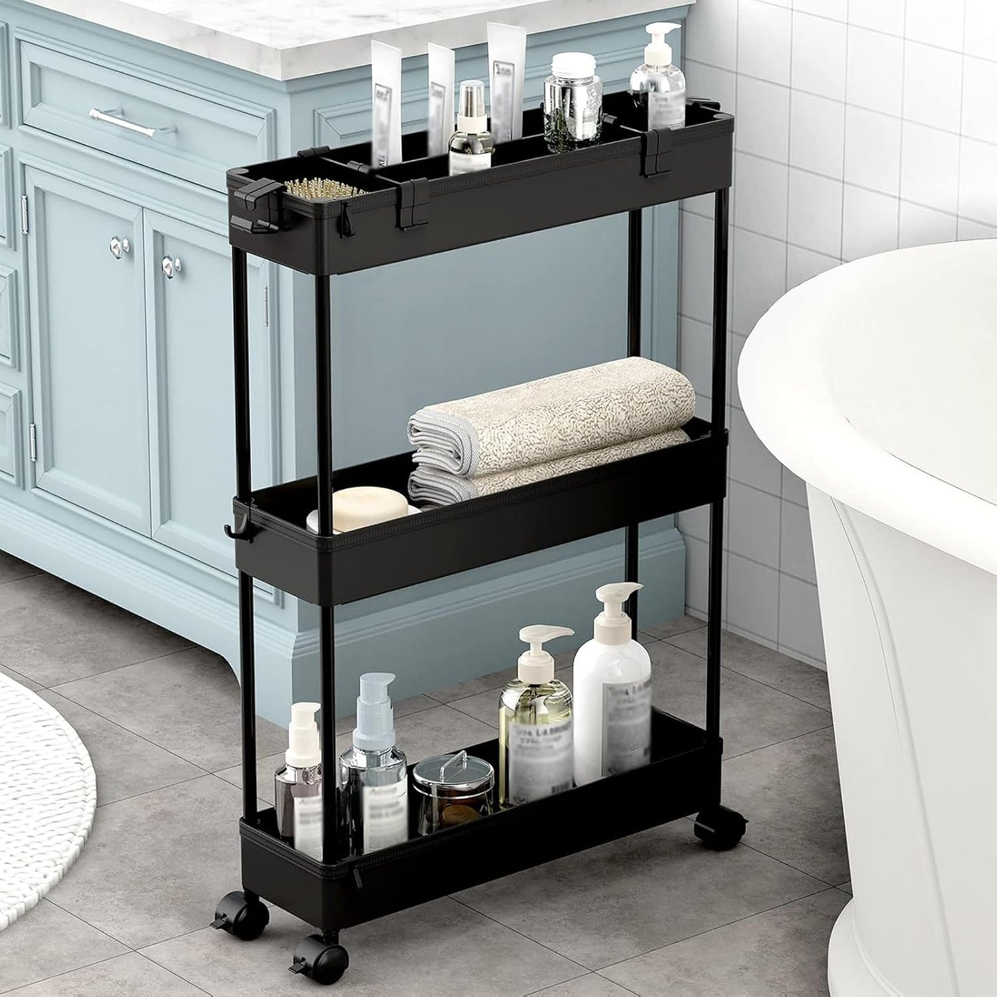 SPACELEAD Slim Storage Cart 3 Tier,Bathroom Organizer Rolling Utility,Mobile Shelving Unit Slide Out for Office, Kitchen, Laundry Room & Narrow Places，Green