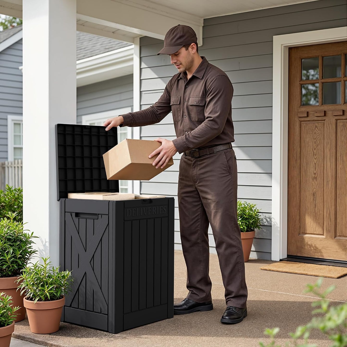Flamaker Resin Deck Box 120 Gallon Waterproof Large Outdoor Indoor Storage Box Imitation Wood Resin for Patio Furniture Garden Tools and Pool (Black)